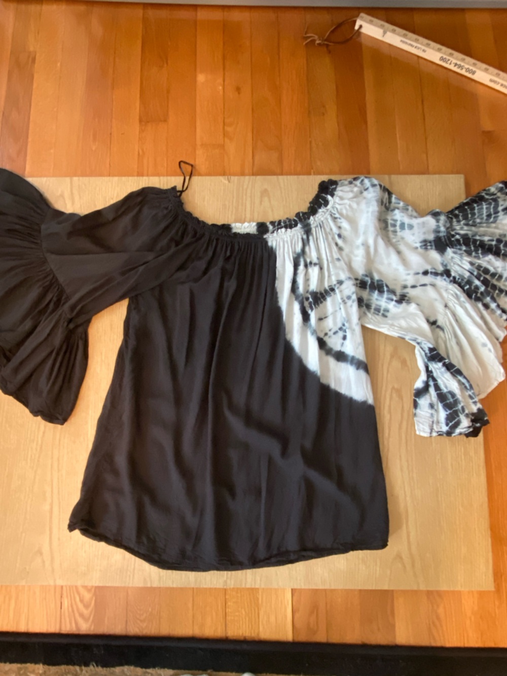 Resort Wear Bohemian Black, White, Dark Greenish Tie-Dye Bell Sleeve Elan Blouse